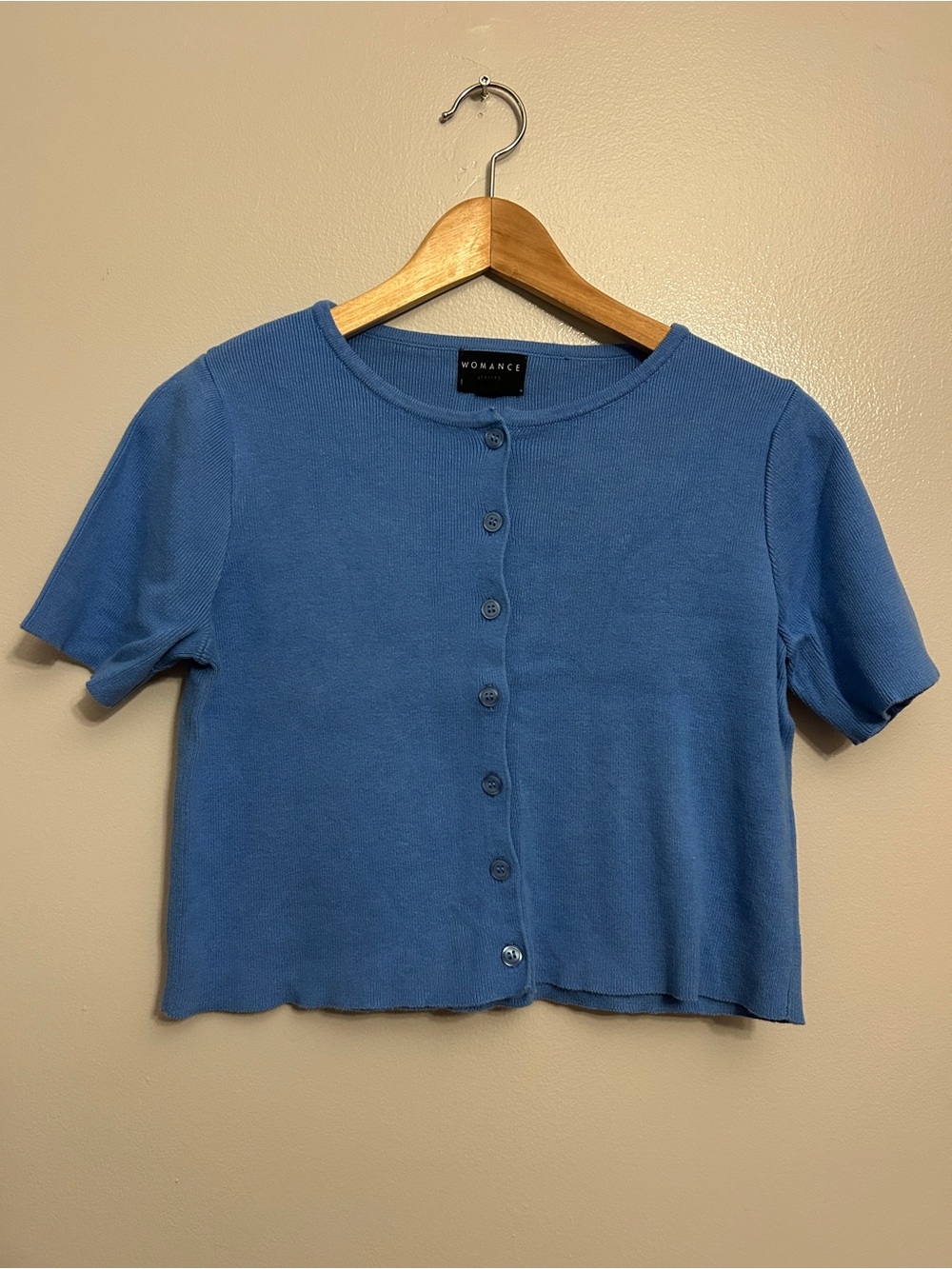Womance Cropped Blue Short-Sleeve Button Cardigan Top